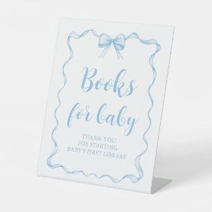 Dusty Blue Bow Boy Baby Shower Books for Baby Game Pedestal Sign