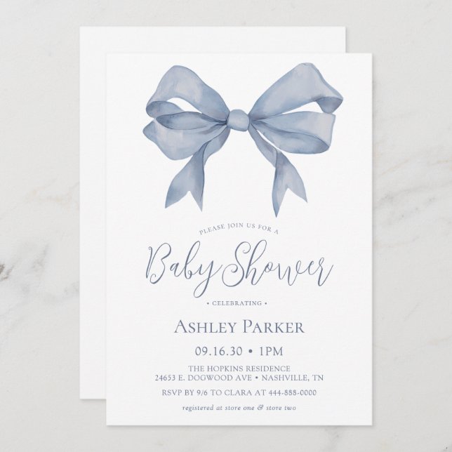 Dusty Blue Bow Boy Baby Shower Invitation (Front/Back)
