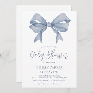 Dusty Blue Bow Boy Baby Shower Invitation