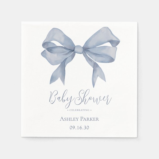 Dusty Blue Bow Boy Baby Shower Napkin (Front)