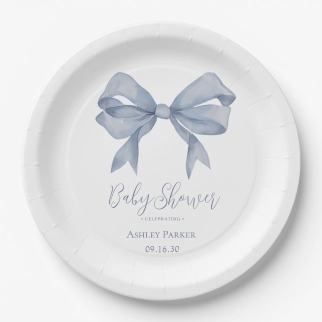Dusty Blue Bow Boy Baby Shower Paper Plate (Front)