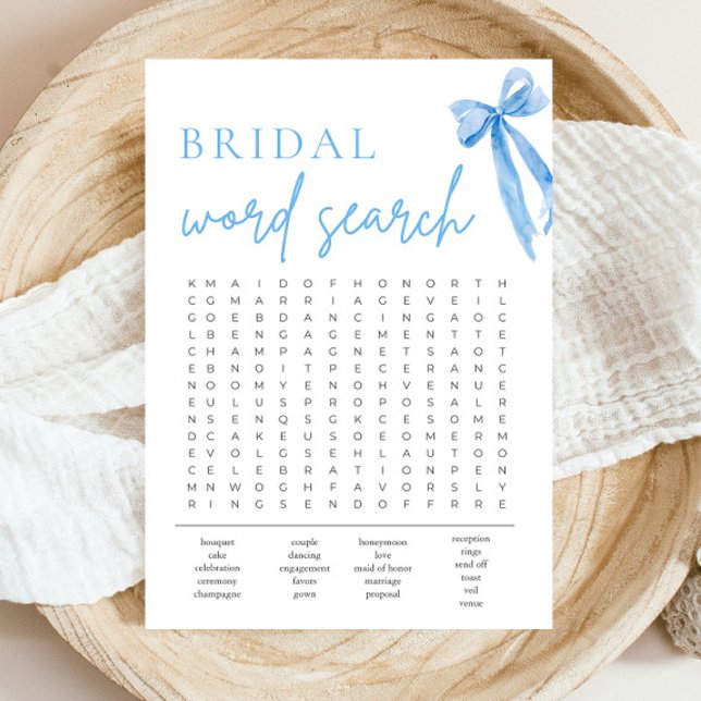 Dusty Blue Bow Bridal Shower Word Search Game Invitation (Watercolor Dusty Blue Bow Bridal Shower Word Search Game )