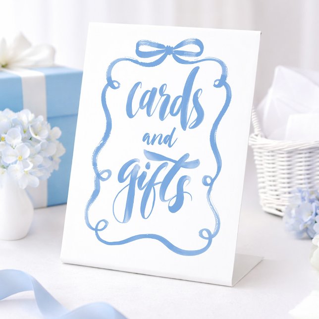 Dusty Blue Bow Cards and Gifts Bridal Shower Pedestal Sign (Dusty Blue Bow Cards and Gifts Whimsical Table Sign)