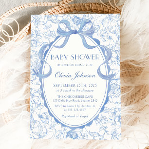 Dusty Blue Bow Chinoiserie Floral Baby Shower Invitation
