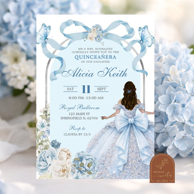 Dusty Blue Bow Coquette Butterfly Silver Quinceane Invitation (Creator Uploaded)