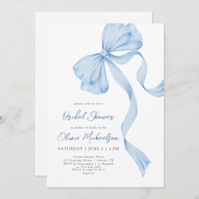 Dusty Blue Bow Coquette Ribbon Bridal Shower Invitation (Front/Back)