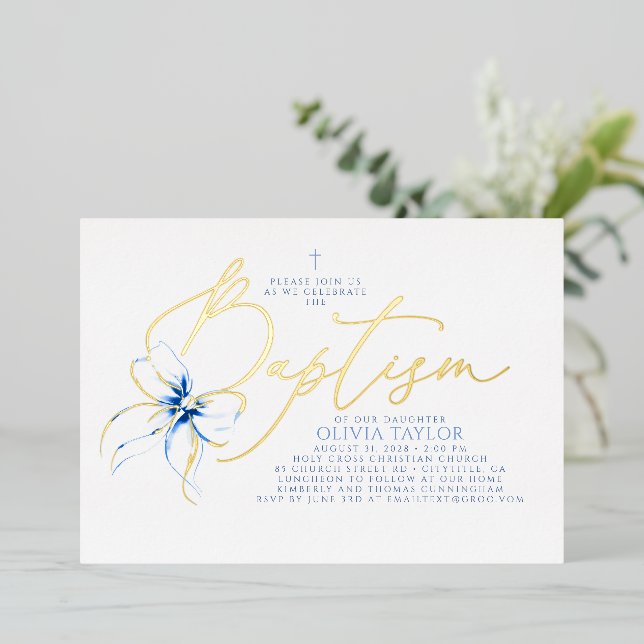 Dusty Blue Bow Elegant Minimalist Modern Baptism (Standing Front)