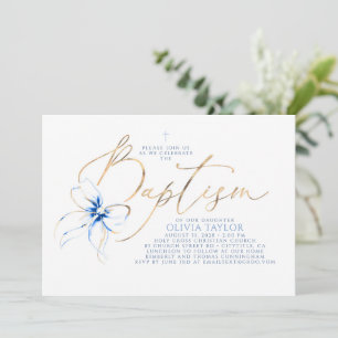 Dusty Blue Bow Elegant Minimalist Modern Baptism Invitation