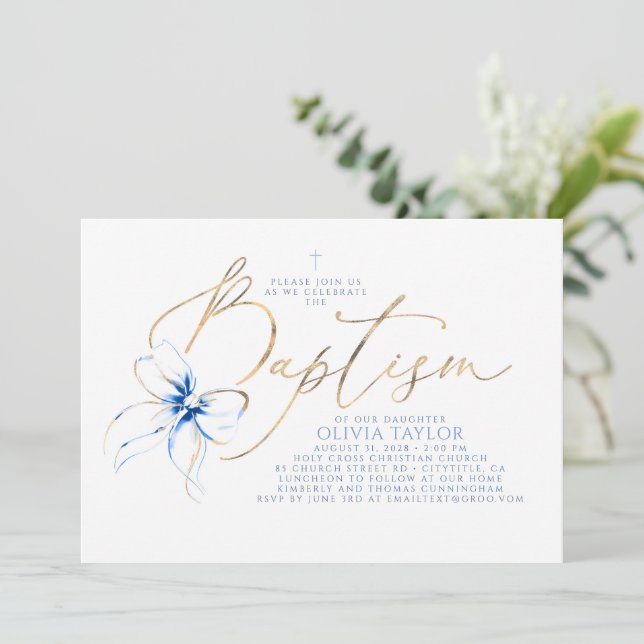 Dusty Blue Bow Elegant Minimalist Modern Baptism Invitation (Standing Front)