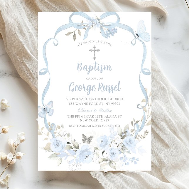 Dusty Blue Bow Floral Baptism Invitation (Creator Uploaded)