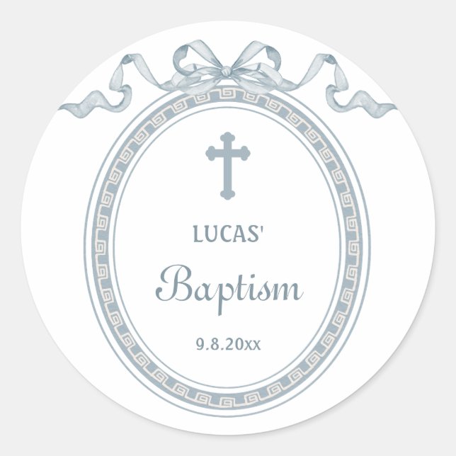 Dusty Blue Bow Greek Frame Baptism Classic Round Sticker (Front)
