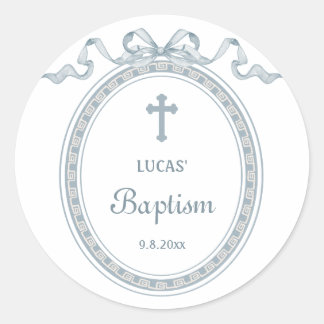 Dusty Blue Bow Greek Frame Baptism Classic Round Sticker