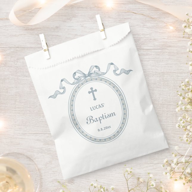 Dusty Blue Bow Greek Frame Baptism Favour Bag (Clipped)