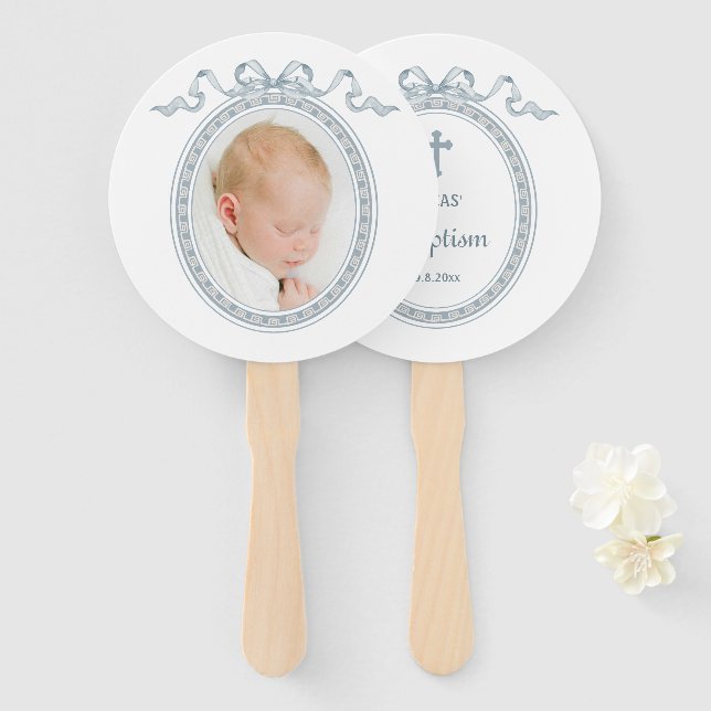 Dusty Blue Bow Greek Frame Baptism Hand Fan (Front and Back)