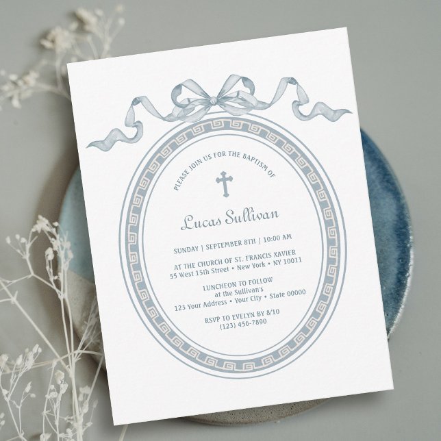 Dusty Blue Bow Greek Frame Baptism Invitation (Creator Uploaded)