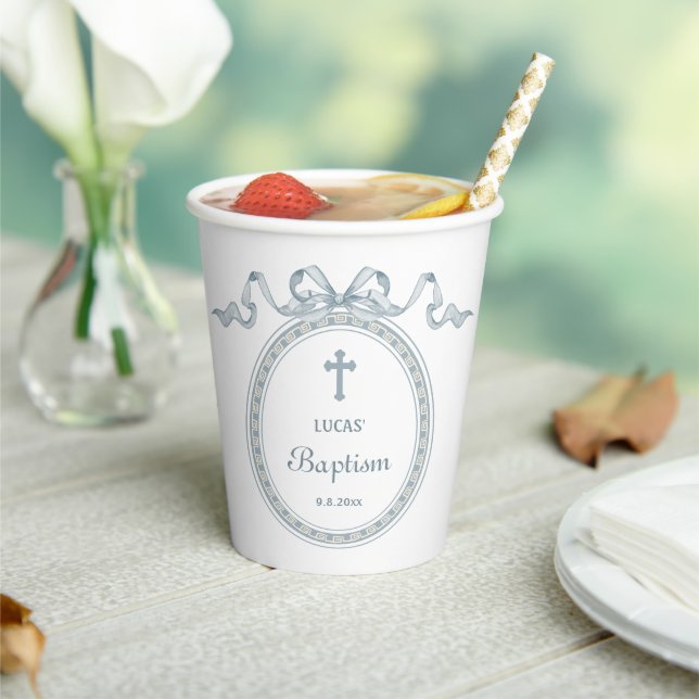 Dusty Blue Bow Greek Frame Baptism Paper Cups (Insitu)