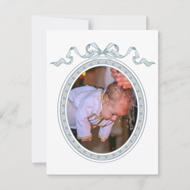 Dusty Blue Bow Greek Frame Baptism Thank You Card (Front)