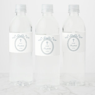 Dusty Blue Bow Greek Frame Baptism Water Bottle Label