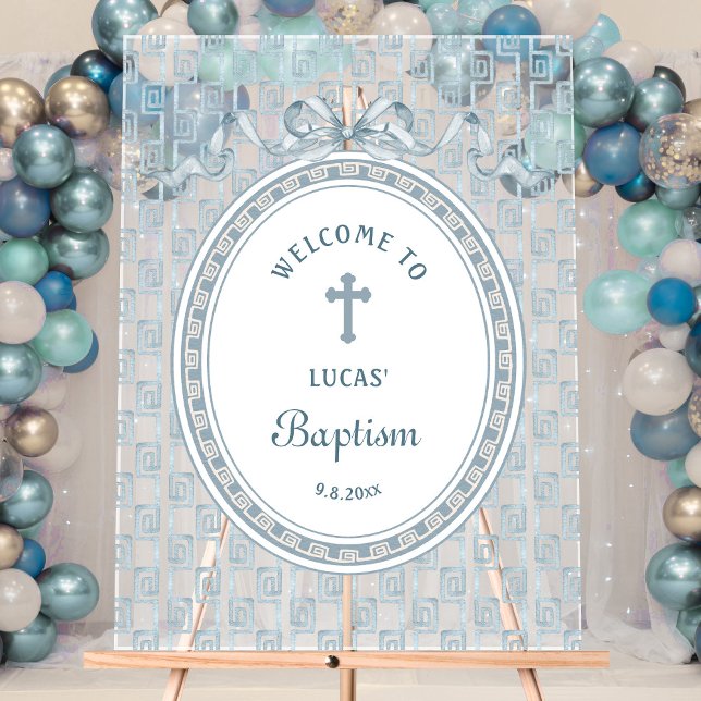 Dusty Blue Bow Greek Frame Baptism Welcome Acrylic Sign (Creator Uploaded)