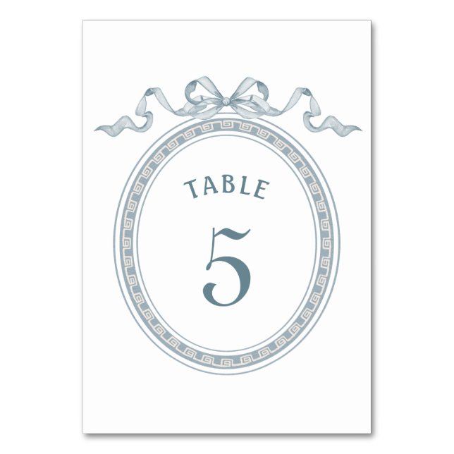 Dusty Blue Bow Greek Frame Table Number (Front)