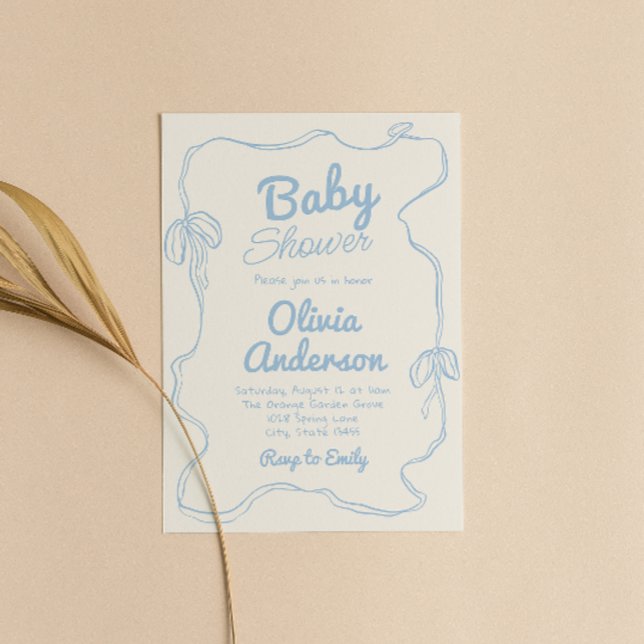 Dusty Blue Bow Hand Drawn Boy Coquette Baby Shower Invitation (Creator Uploaded)