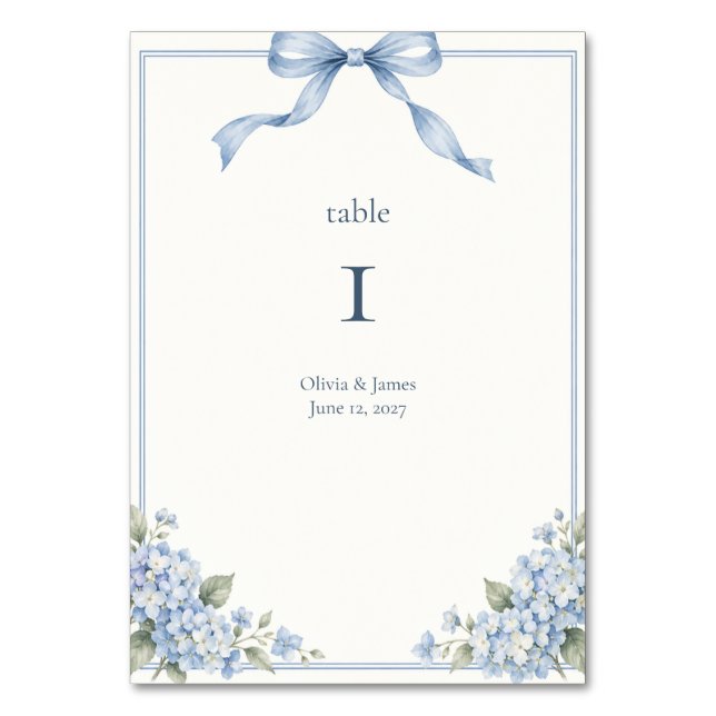 Dusty Blue Bow Hydrangea Wedding Table Number (Front)