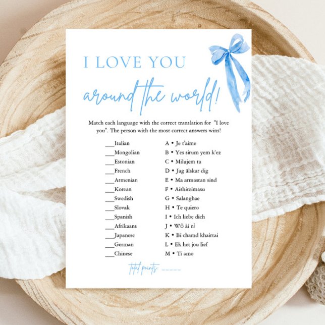 Dusty Blue Bow I Love You Around the World Game Invitation (Modern Watercolor Dusty Blue Bow I Love You Around the World Game)