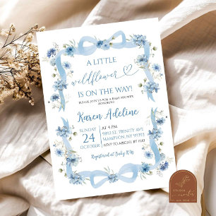 Dusty Blue Bow Little Wildflower Baby Shower Invitation