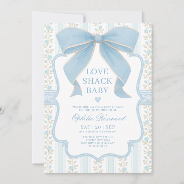 Dusty Blue Bow Love Shack Baby Boy Shower Invitation (Front)