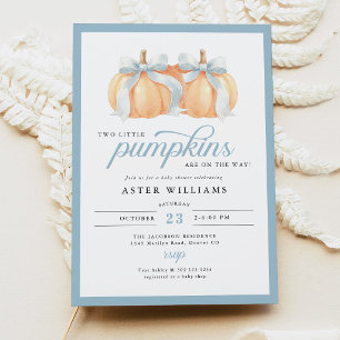 Dusty Blue Bow Pumpkins Twin Baby Boy Shower Invitation