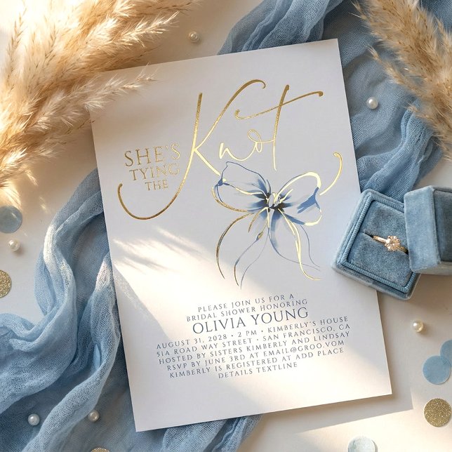 Dusty Blue Bow She's Tying The Knot Bridal Shower (Dusty Blue Bow Chic Romantic Bridal Shower Invitations)