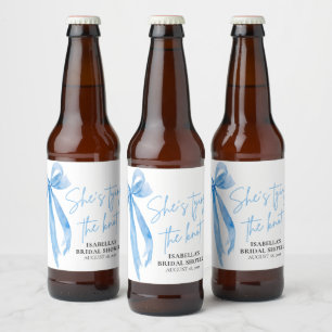Dusty Blue Bow She's Tying the Knot Bridal Shower Beer Bottle Label