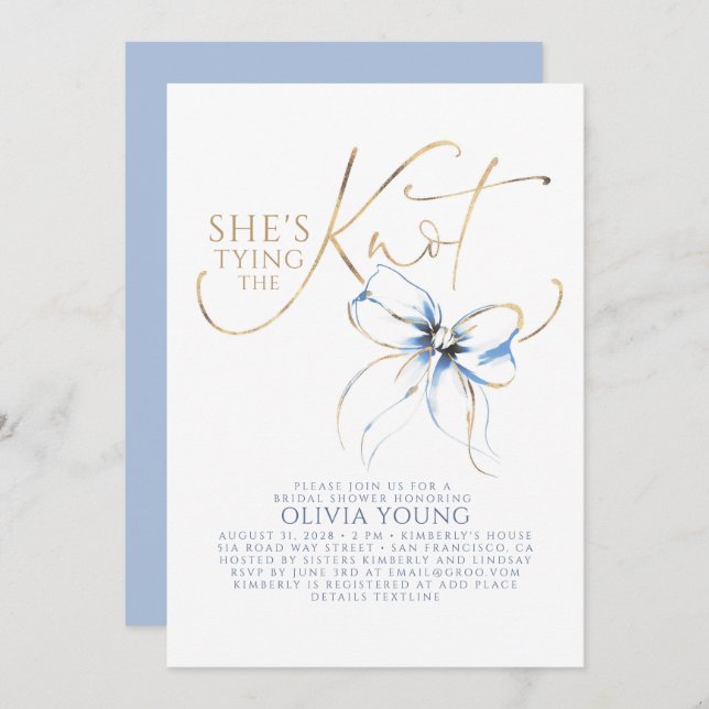 Dusty Blue Bow She's Tying The Knot Bridal Shower Invitation (Front/Back)
