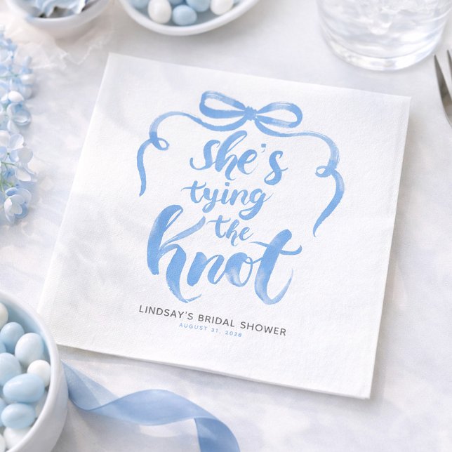 Dusty Blue Bow She's Tying the Knot Bridal Shower Napkin (Dusty Blue Bow Whimsical Bridal Shower Napkins She's Tying The Knot)