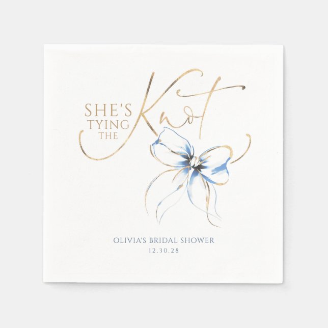 Dusty Blue Bow She's Tying the Knot Bridal Shower Napkin (Front)