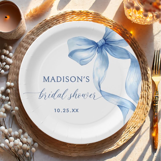 Dusty Blue Bow She's Tying The Knot Bridal Shower Paper Plate (Creator Uploaded)