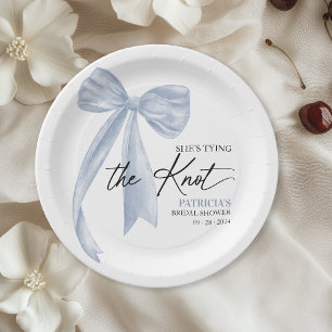 Dusty Blue Bow She's Tying the Knot Bridal Shower Paper Plate