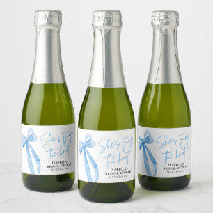 Dusty Blue Bow She's Tying the Knot Bridal Shower  Sparkling Wine Label