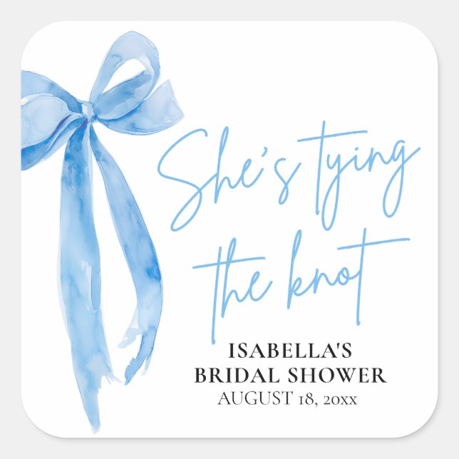 Dusty Blue Bow She's Tying the Knot Bridal Shower Square Sticker (Front)