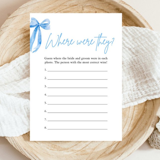 Dusty Blue Bow Where Were They Bridal Shower Game Invitation (Modern Watercolor Dusty Blue Bow Where Were They Bridal Shower Game)