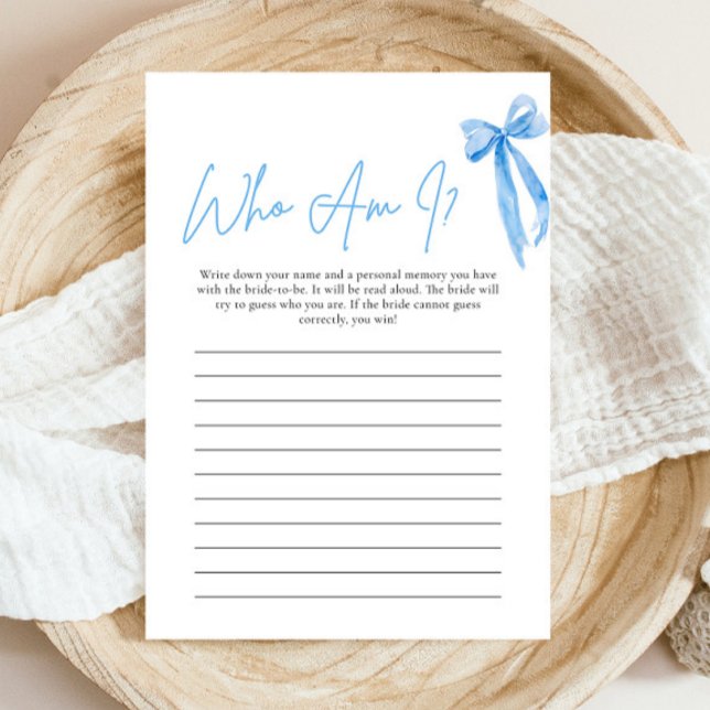 Dusty Blue Bow Who Am I Bridal Shower Game Card (Modern Watercolor Dusty Blue Bow Who Am I Bridal Shower Game)