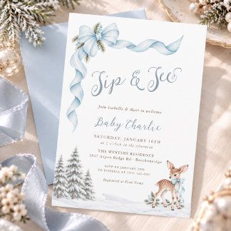 Dusty Blue Bow Winter Woodland Baby Boy Sip & See Invitation