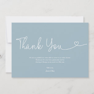 Dusty Blue Boy Baby Shower Script Heart Thank You Card
