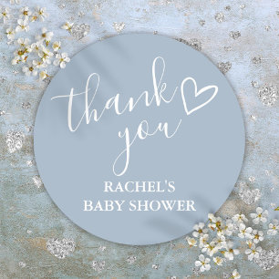 Dusty Blue Boy Baby Shower Script Heart Thank You Classic Round Sticker