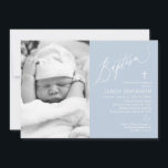 Dusty Blue Boy Baptism Photo Invitation<br><div class="desc">Dusty Blue White Cross Boy Baptism Photo Invitation,  Modern Baptism Photo Invite,  Blue Baptism Boy Baptism</div>