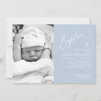 Dusty Blue Boy Baptism Photo Invitation