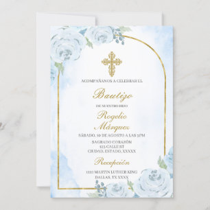 Dusty blue boy Baptism Spanish Invitation