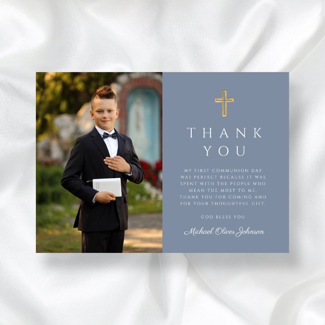Dusty Blue Boy First Communion Cross Photo Thank You Card (Dusty Blue Boy First Communion Cross Photo Thank You Card)