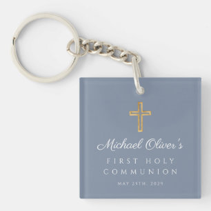 Dusty Blue Boy First Communion Photo Key Ring