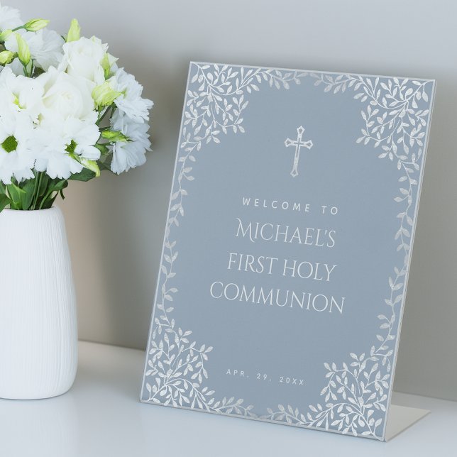 Dusty Blue Boy First Communion Welcome Leaves  Pedestal Sign (Creator Uploaded)